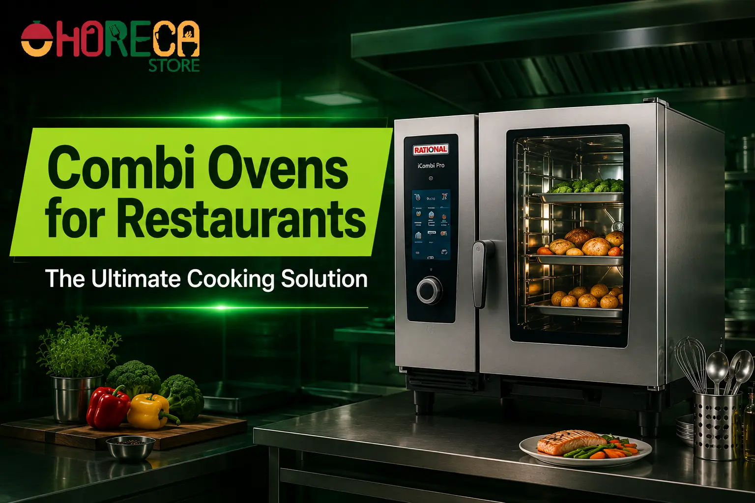 Professional restaurant kitchen with a commercial combi oven preparing multiple foods simultaneously, illustrating the versatility and efficiency of combi ovens for restaurant operations.