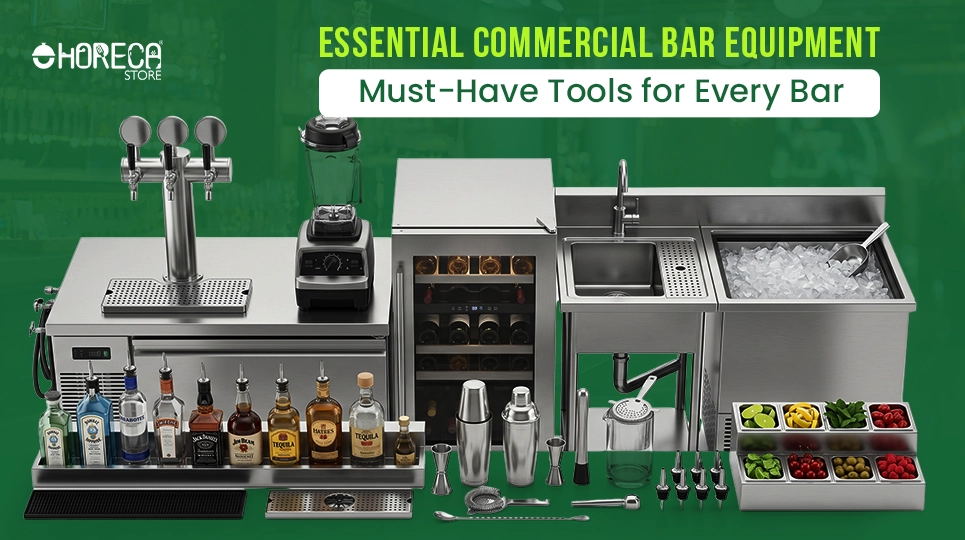 Essential commercial bar equipment featuring beer tap system, bar blender, undercounter wine cooler, bar sink, ice bin, cocktail shaker set, and bartender tools for professional bar setups and restaurants.