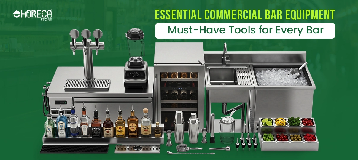 Essential commercial bar equipment featuring beer tap system, bar blender, undercounter wine cooler, bar sink, ice bin, cocktail shaker set, and bartender tools for professional bar setups and restaurants.