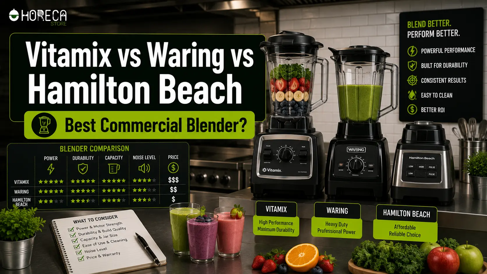 Compare Vitamix, Waring, and Hamilton Beach commercial blenders by power, durability, capacity, noise, price, and performance.