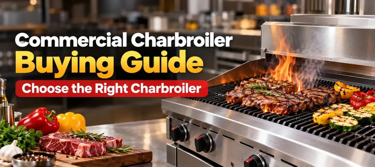 Desktop banner of a stainless commercial charbroiler grilling steaks and vegetables, with a raw steak and peppers, and Commercial Charbroiler Buying Guide