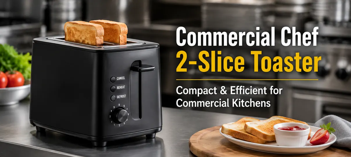 Matte black Commercial Chef 2-slice toaster with toasted bread on a stainless steel commercial kitchen counter, labeled Commercial Chef 2-Slice Toaster, Compact & Efficient for Commercial Kitchens.