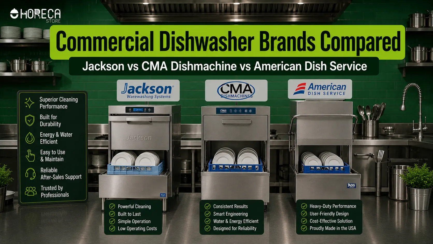 Compare top commercial dishwasher brands including Jackson, CMA Dishmachine, and American Dish Service for cleaning power, efficiency, durability, and value.