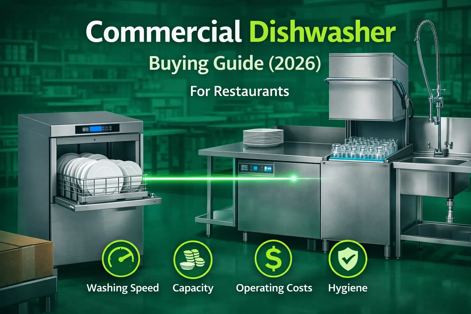Commercial dishwasher machines with racks of plates and glassware, highlighting buying guide factors like washing speed, capacity, operating cost, and hygiene for restaurants