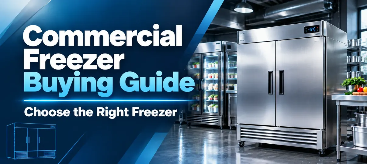 Desktop banner of a commercial kitchen with a stainless two-door reach-in freezer showing -18 C, a glass-door merchandising freezer stocked with frozen food, a prep table, and the headline Commercial Freezer Buying Guide, Choose the Right Freezer