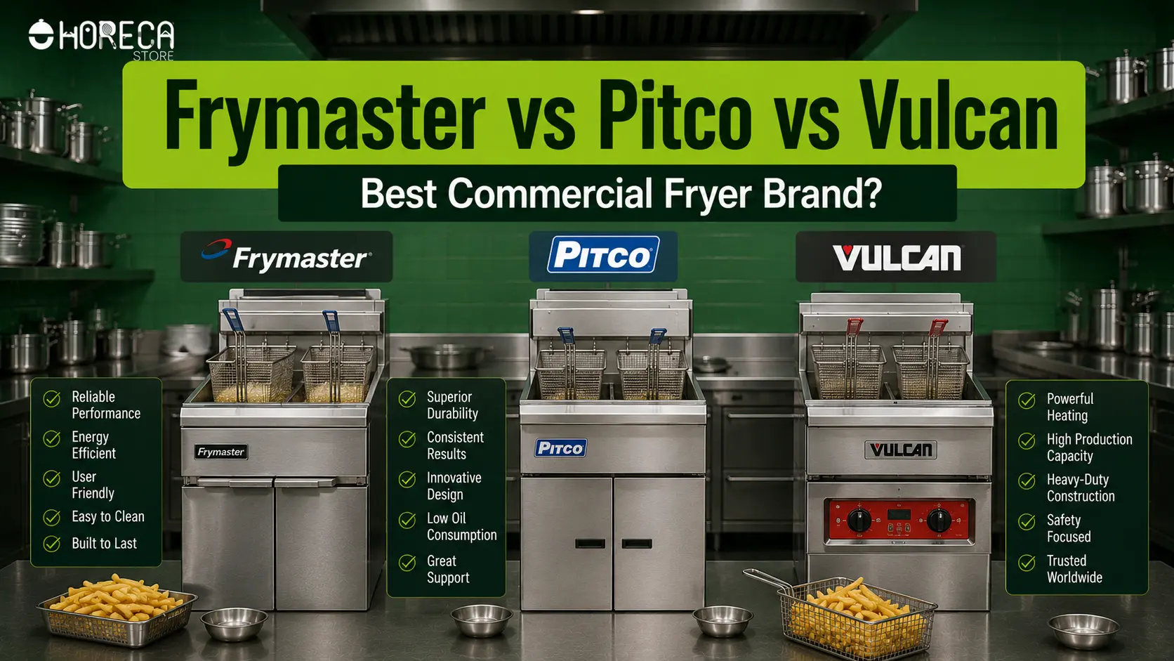 Frymaster, Pitco, and Vulcan commercial fryer brands compared for cooking performance, oil efficiency, durability, and kitchen demands.