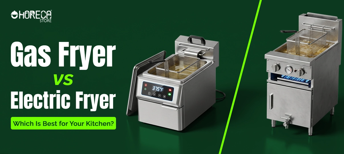 Gas fryer vs electric fryer comparison by HorecaStore showing commercial deep fryers for restaurant kitchens and foodservice use