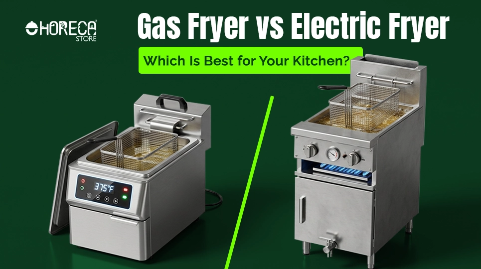 Gas fryer vs electric fryer comparison by HorecaStore showing commercial deep fryers for restaurant kitchens and foodservice use