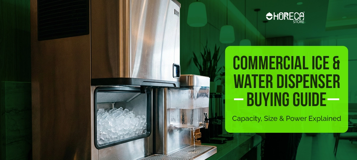 Stainless steel commercial ice and water dispenser with ice bin and water tap, designed for restaurants, cafés, and hospitality use