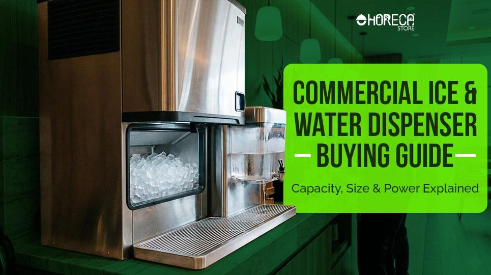 Stainless steel commercial ice and water dispenser with ice bin and water tap, designed for restaurants, cafés, and hospitality use