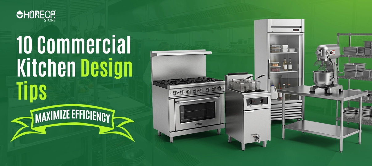 Commercial kitchen design tips with cooking range, fryer, refrigerator, and mixer for efficient restaurant setup