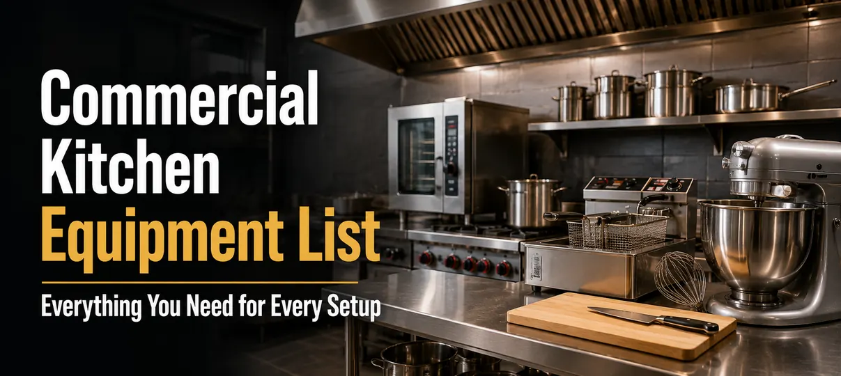 Modern commercial kitchen with stainless steel fryer, stand mixer, cutting board, chef knife, oven, and pots, titled Commercial Kitchen Equipment List: Everything You Need for Every Setup.