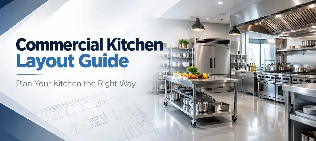 Desktop banner of a commercial kitchen with stainless prep island, reach-in refrigerator, cooking line, exhaust hood, and a floor-plan sketch, plus headline Commercial Kitchen Layout Guide Plan Your Kitchen the Right Way
