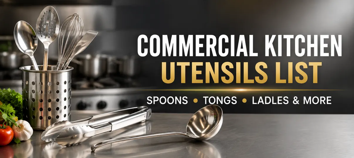 Stainless steel spoons, tongs, ladles, and a whisk in a commercial kitchen utensil holder on a restaurant counter, labeled Commercial Kitchen Utensils List, Spoons, Tongs, Ladles & More.