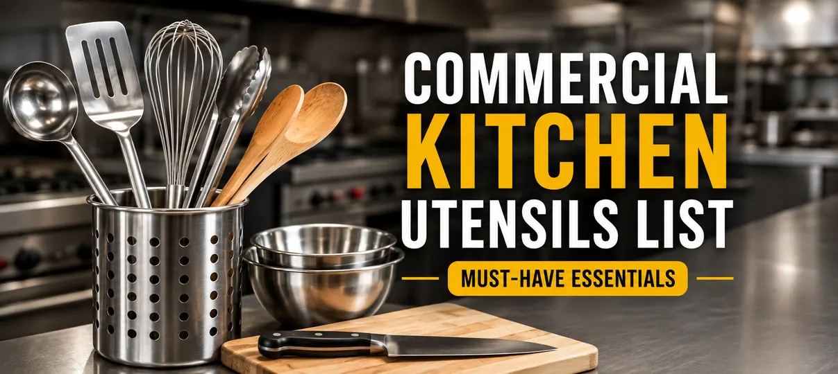 Commercial kitchen utensils list banner showing stainless steel ladle, whisk, spatula, tongs, wooden spoons in a utensil holder, mixing bowls, chef knife, and cutting board.