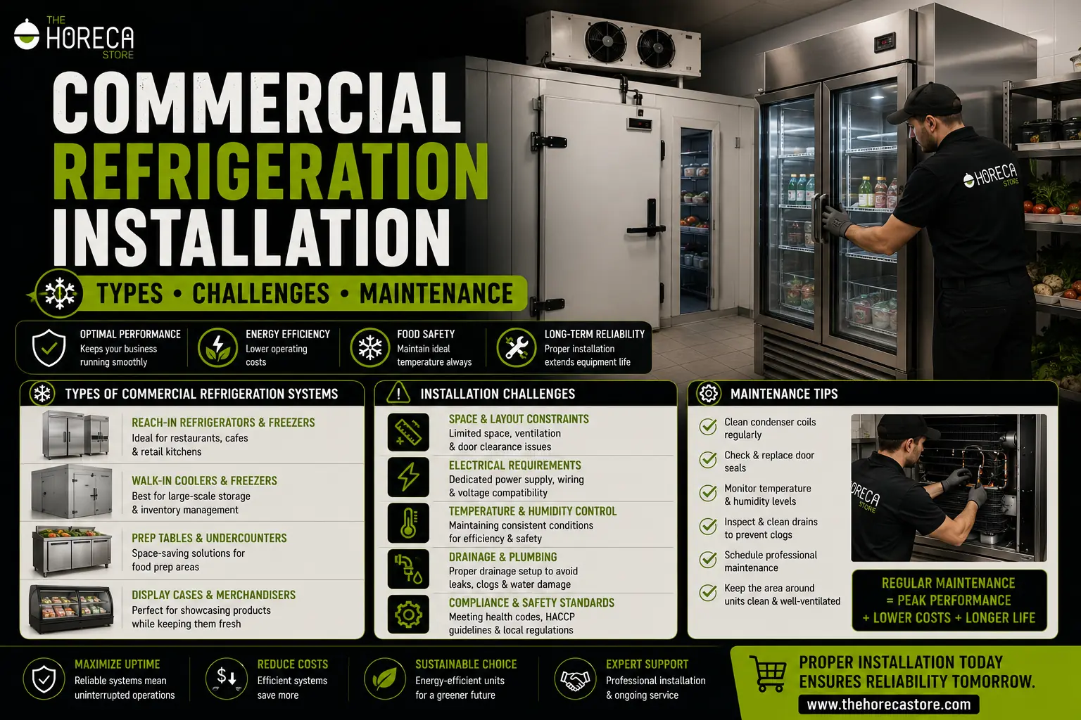 Infographic by The Horeca Store on Commercial Refrigeration Installation covering types of units, installation challenges, and maintenance tips, with a technician servicing a commercial refrigerator.