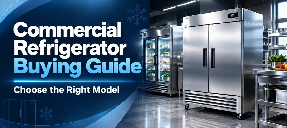 Desktop banner of a commercial kitchen with a stainless two-door reach-in refrigerator showing -18 C, a glass-door merchandiser stocked with food, a prep table with vegetables, and the headline Commercial Refrigerator Buying Guide, Choose the Right Model