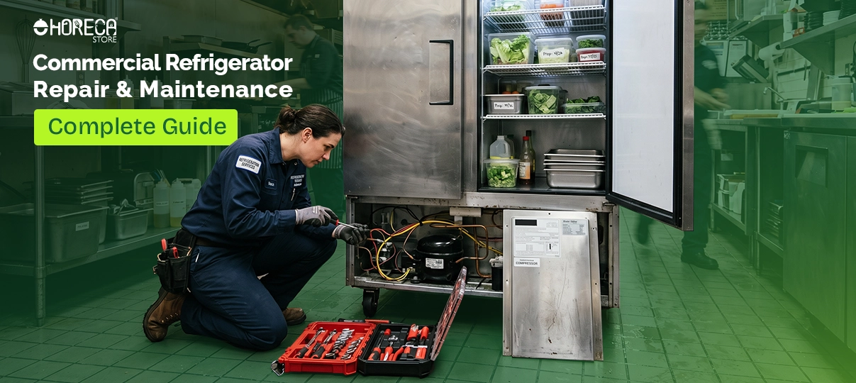 Commercial refrigerator repair and maintenance guide – technician servicing reach-in fridge compressor with tools in restaurant kitchen to ensure optimal cooling performance