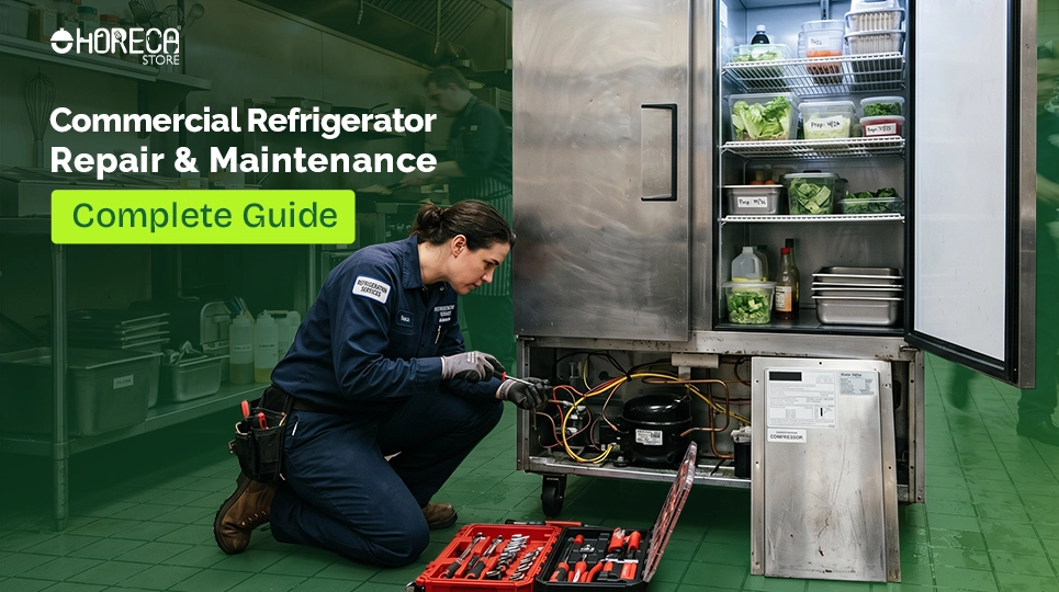 Commercial refrigerator repair and maintenance guide – technician servicing reach-in fridge compressor with tools in restaurant kitchen to ensure optimal cooling performance