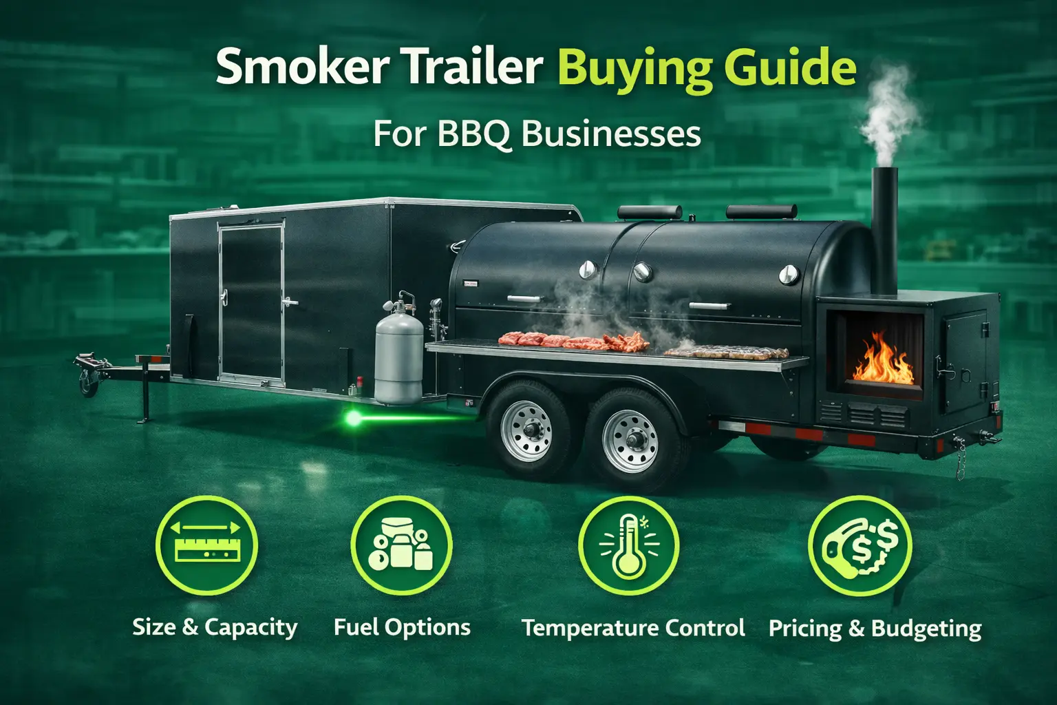 Smoker trailer buying guide banner for BBQ businesses, featuring a large commercial smoker trailer with meat cooking over fire, highlighting key factors like size and capacity, fuel options, temperature control, and pricing.