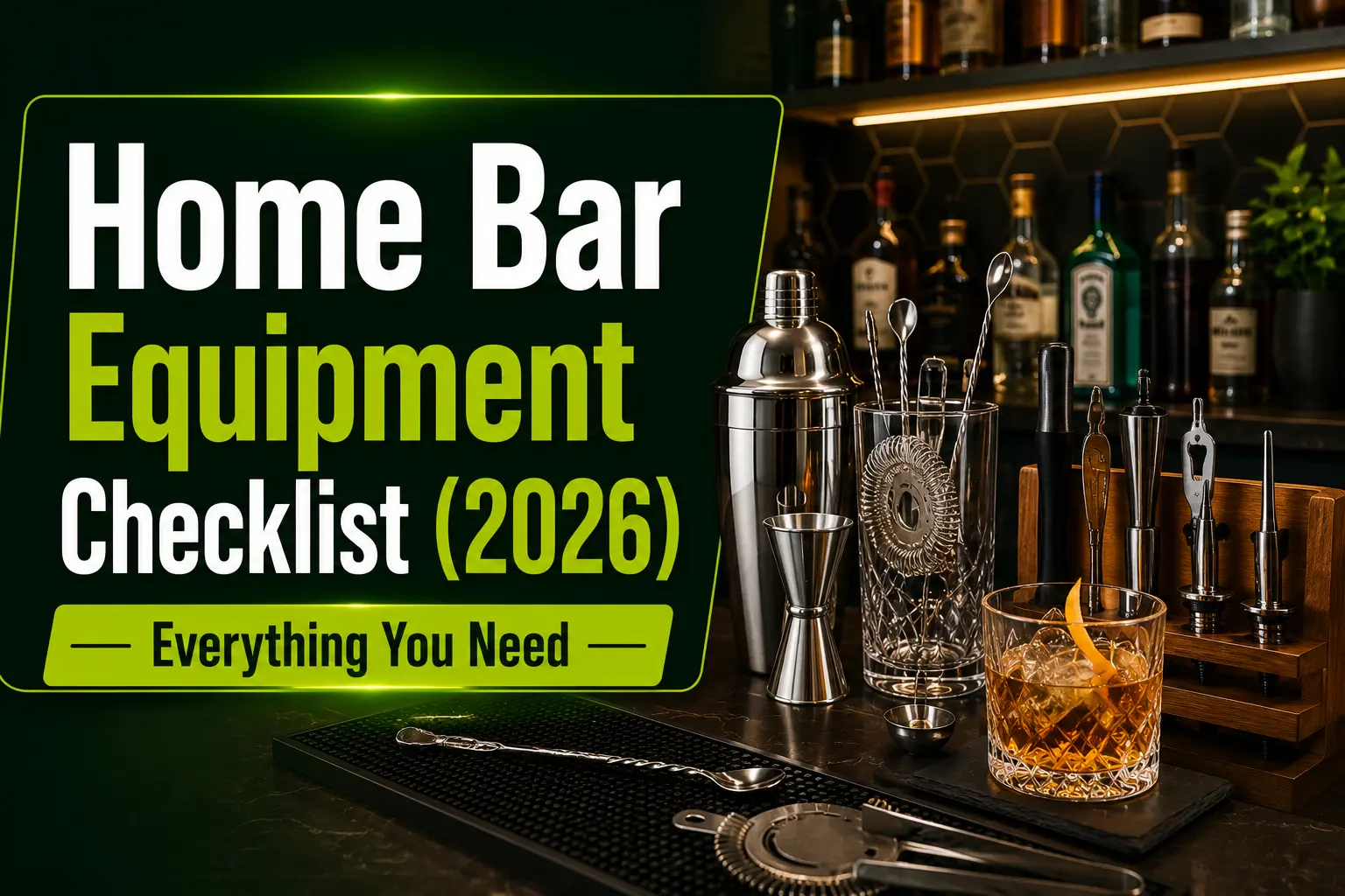Build the perfect home bar with this 2026 equipment checklist featuring essential cocktail tools, glassware, and bar accessories.