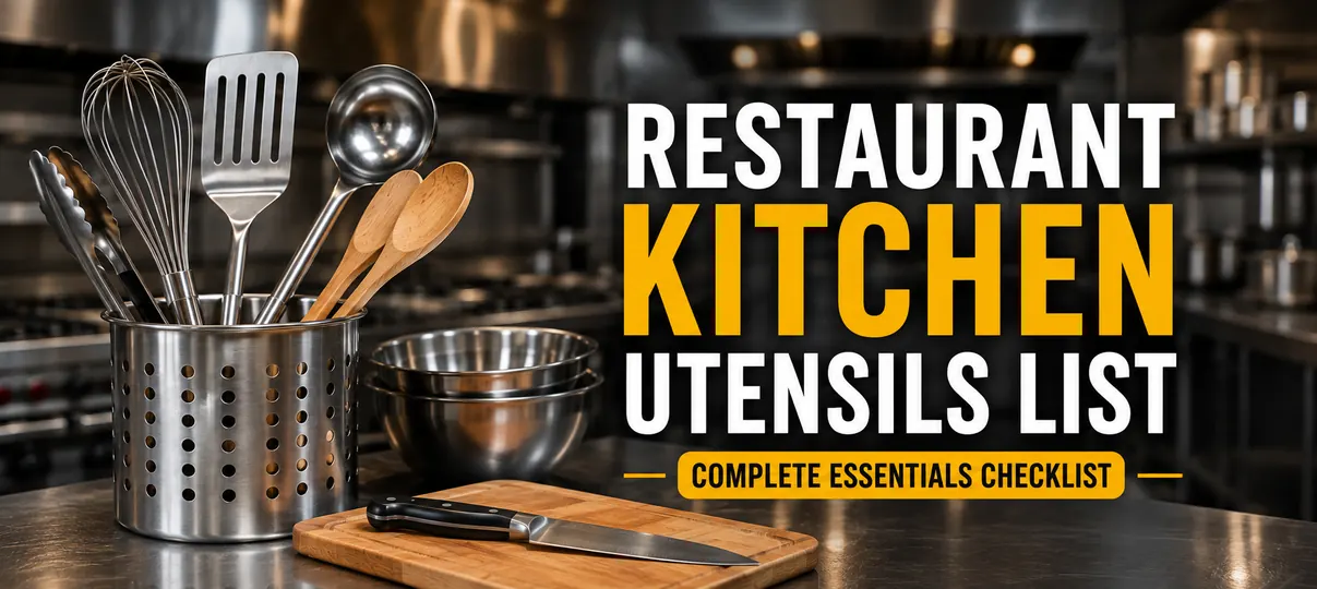 Restaurant kitchen utensils list banner with stainless steel utensil holder, whisk, spatula, ladle, wooden spoons, mixing bowls, chef knife, cutting board, and fresh vegetables.