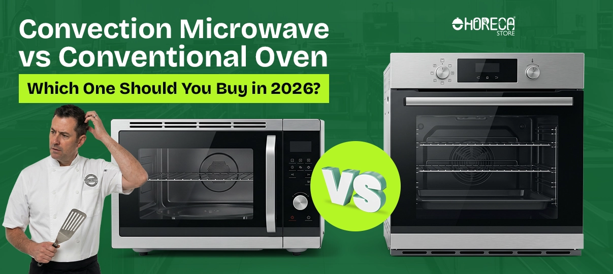 Convection microwave vs conventional oven comparison 2026 – chef deciding between microwave oven and convection oven for cooking performance, efficiency, and restaurant kitchen use
