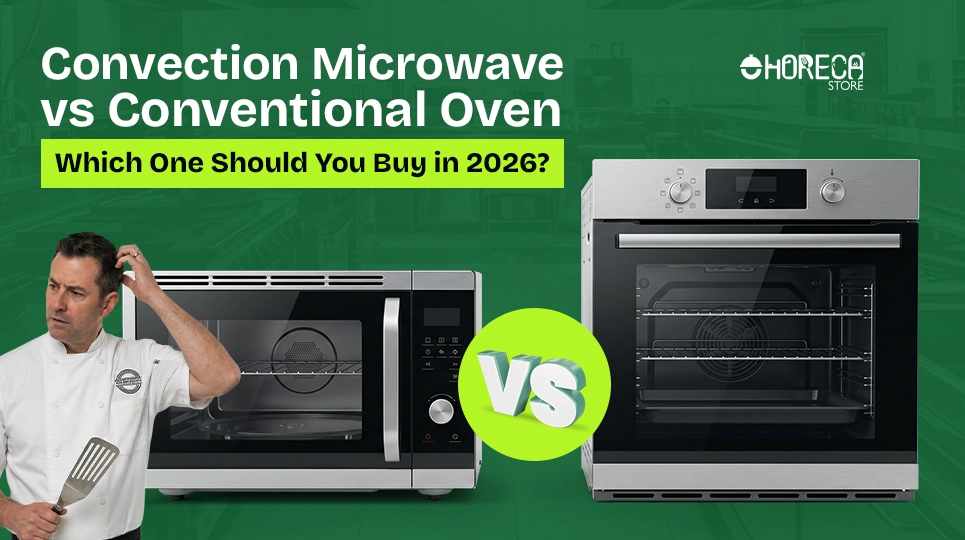 Convection microwave vs conventional oven comparison 2026 – chef deciding between microwave oven and convection oven for cooking performance, efficiency, and restaurant kitchen use