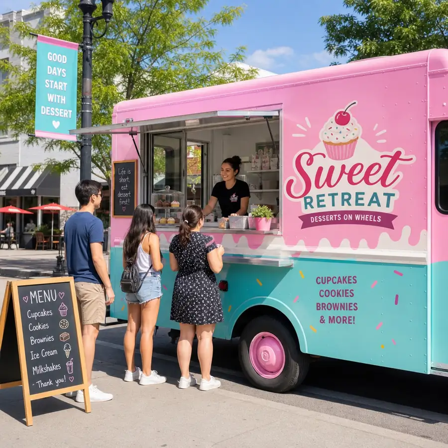 Dessert truck equipment checklist visual showing a mobile sweet treats setup and key commercial kitchen gear