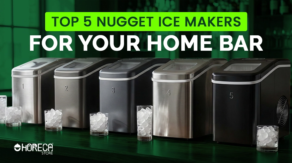 Top five nugget ice makers for home bar use, featuring compact countertop machines with stainless steel and black finishes for cocktail and beverage preparation