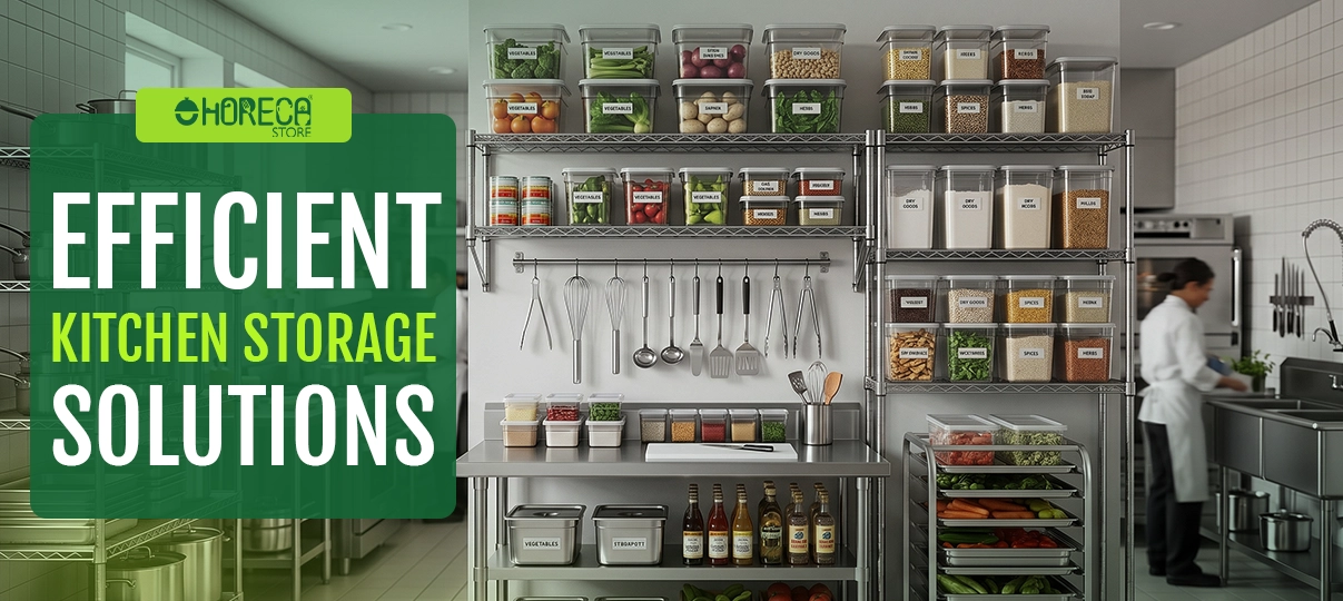 Efficient kitchen storage solutions featuring stainless steel shelving, food storage containers, ingredient organizers, utility racks, and commercial kitchen organization systems for restaurants, catering operations, and foodservice facilities.