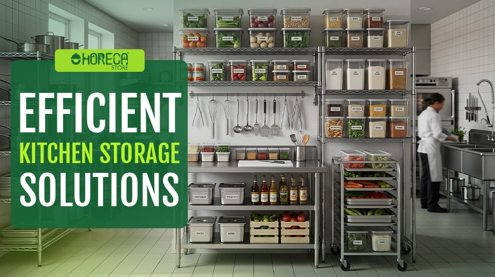 Efficient kitchen storage solutions featuring stainless steel shelving, food storage containers, ingredient organizers, utility racks, and commercial kitchen organization systems for restaurants, catering operations, and foodservice facilities.
