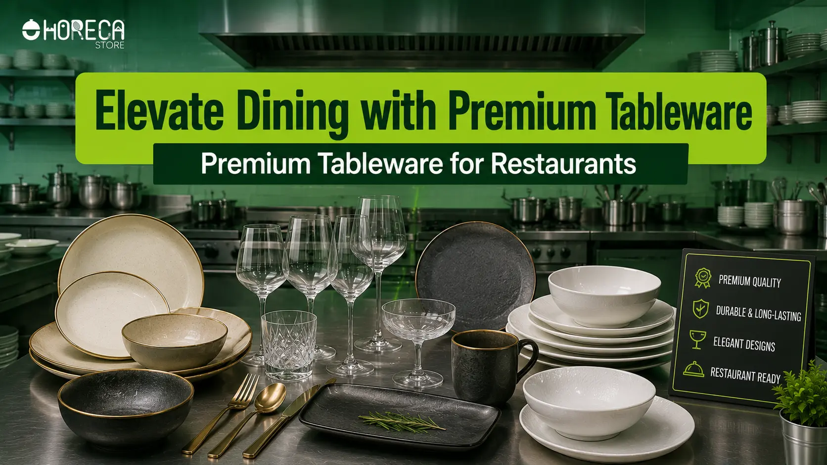 Premium restaurant tableware including dinnerware, glassware, bowls, plates, and cutlery designed to elevate dining presentation.