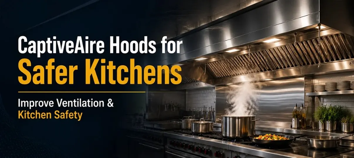 CaptiveAire Hoods for Safer Kitchens banner with stainless steel commercial exhaust hood over steaming range and Improve Ventilation and Kitchen Safety text