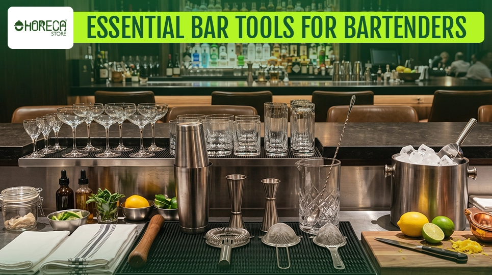 Essential bar tools for bartenders featuring cocktail shaker, jigger, mixing glass, bar strainer, ice bucket, citrus press, bar spoon, and professional bartending accessories for bars, restaurants, and cocktail lounges.