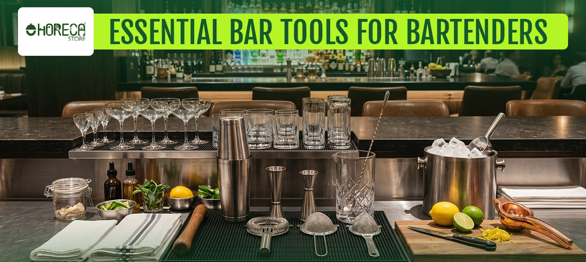 Essential bar tools for bartenders featuring cocktail shaker, jigger, mixing glass, bar strainer, ice bucket, citrus press, bar spoon, and professional bartending accessories for bars, restaurants, and cocktail lounges.