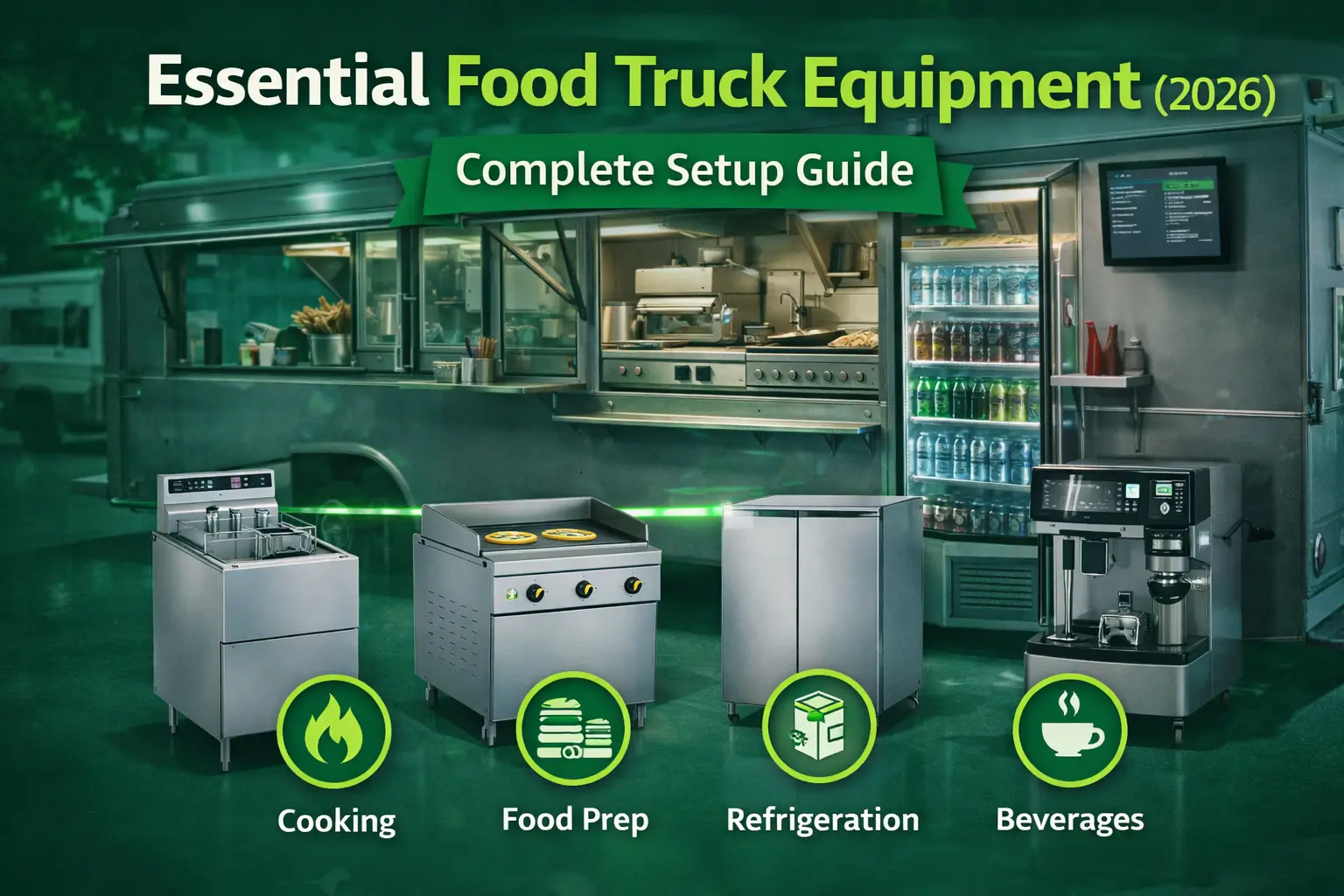 Food truck kitchen setup with commercial cooking equipment, fryer, griddle, refrigerator, and coffee machine, showcasing essential food truck equipment for mobile food business in 2026