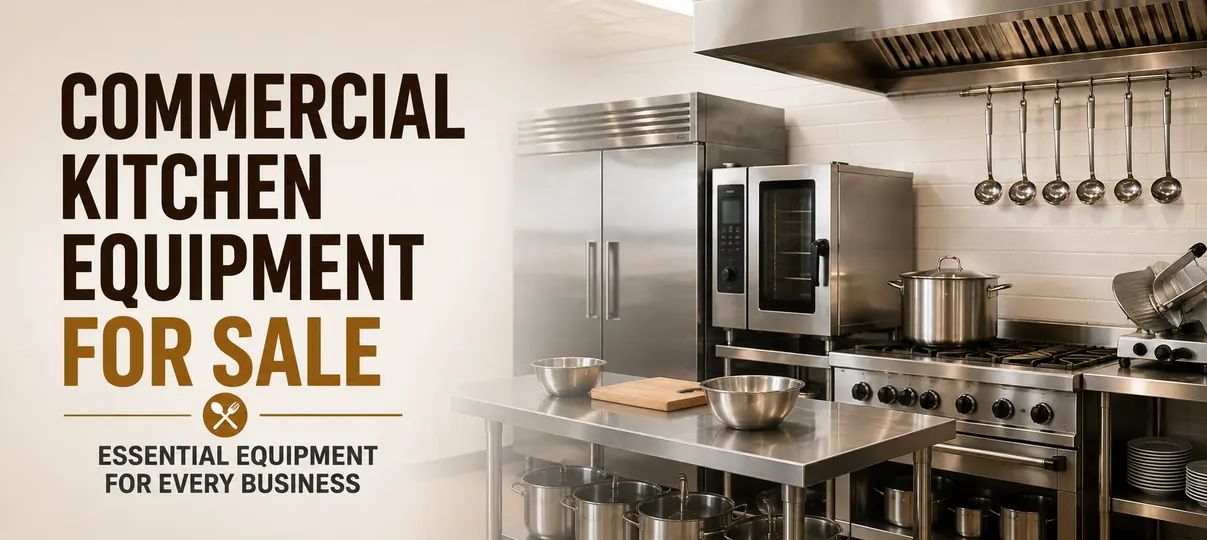 Professional commercial kitchen with stainless steel refrigerator, combi oven, gas range, prep table, pots, pans, and hanging ladles, titled Commercial Kitchen Equipment For Sale.