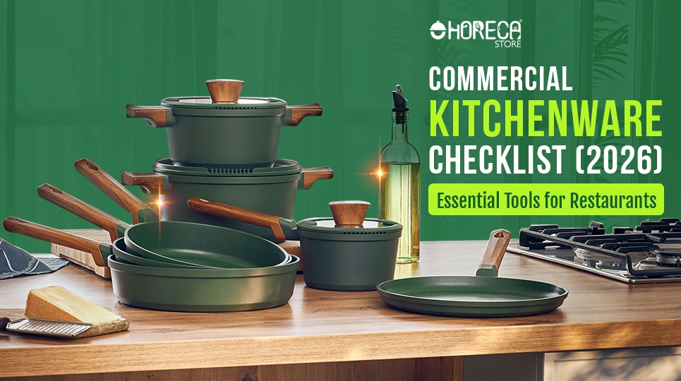 Commercial kitchenware checklist 2026 – essential cookware including pots, pans, frying pans, and utensils for restaurant kitchens and professional cooking setups