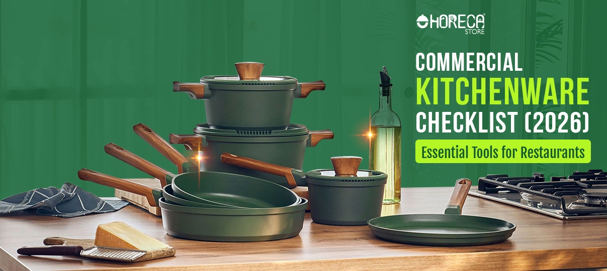 Commercial kitchenware checklist 2026 – essential cookware including pots, pans, frying pans, and utensils for restaurant kitchens and professional cooking setups