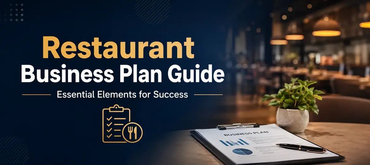 Restaurant Business Plan Guide banner showing a BUSINESS PLAN clipboard with charts and a potted plant on a wooden table in a restaurant, titled Essential Elements for Success.