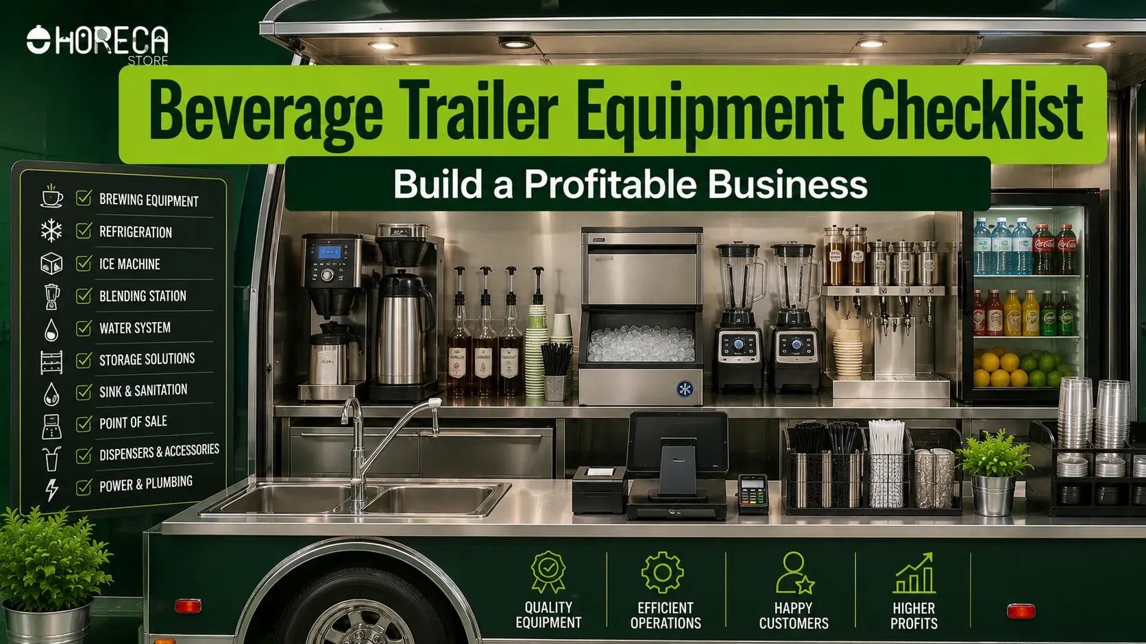 Complete beverage trailer equipment checklist covering coffee brewers, refrigeration, ice machines, blenders, POS systems, sinks, and storage.