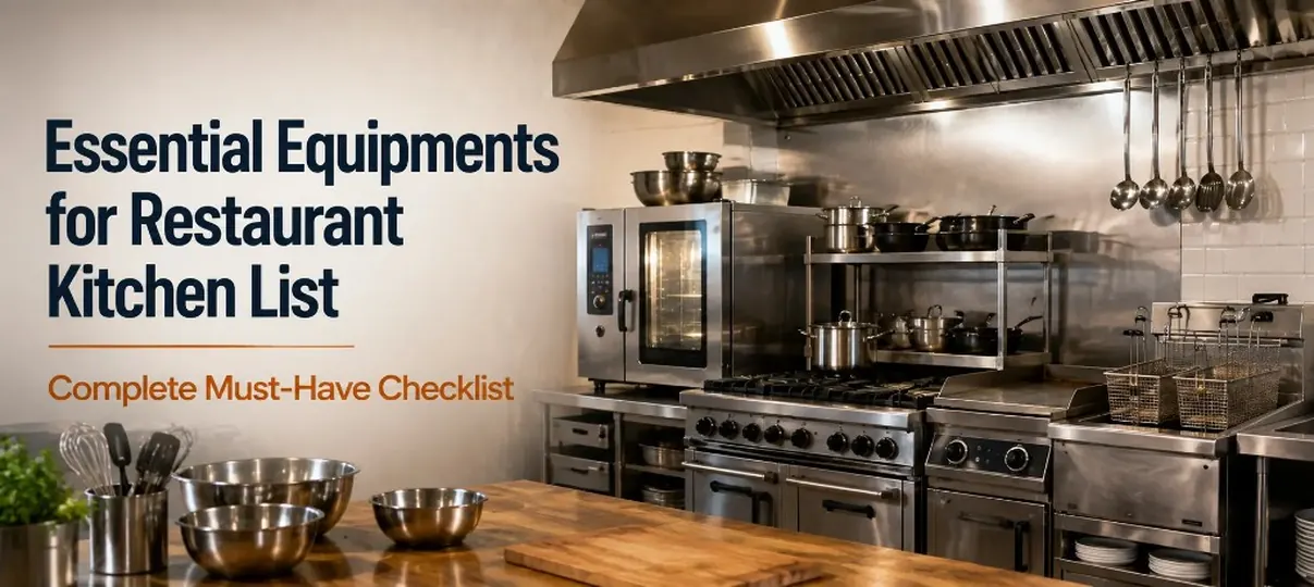 Essential Equipment for Restaurant Kitchen List desktop banner showing a professional commercial kitchen with stainless steel ranges, convection oven, hood ventilation, prep area, and Complete Must-Have Checklist text