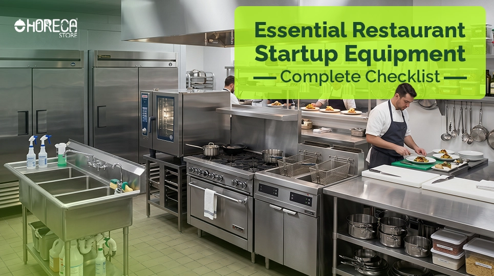 Essential restaurant startup equipment checklist featuring a fully equipped commercial kitchen with refrigerators, ovens, fryers, prep stations, and a chef preparing food.