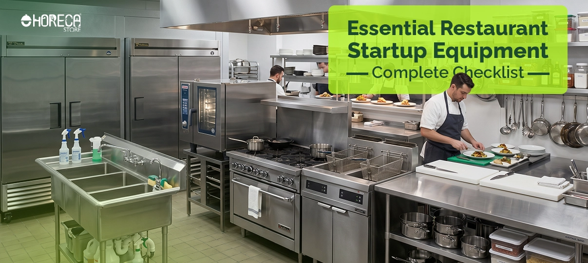 Essential restaurant startup equipment checklist featuring a fully equipped commercial kitchen with refrigerators, ovens, fryers, prep stations, and a chef preparing food.