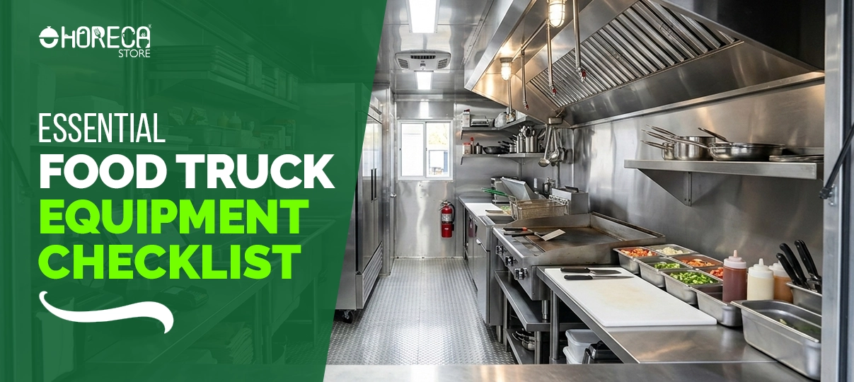 Essential food truck equipment checklist banner with stainless steel commercial kitchen interior