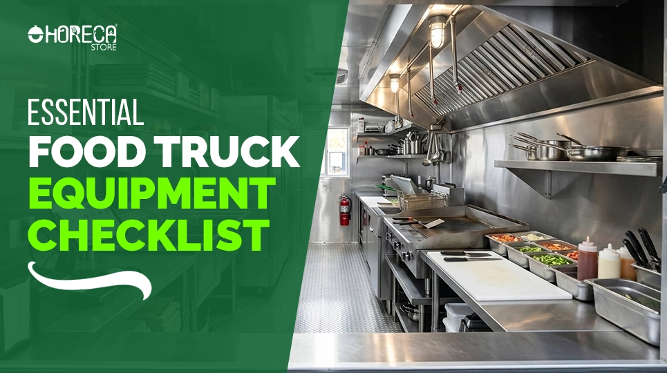 Essential food truck equipment checklist banner with stainless steel commercial kitchen interior