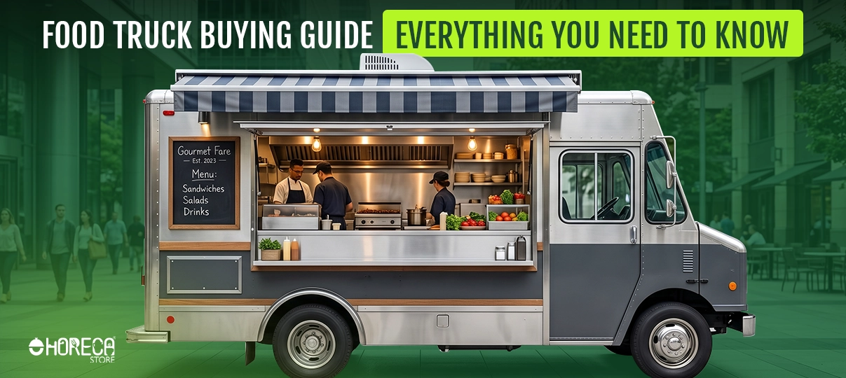 Food truck buying guide showcasing a commercial food truck with professional kitchen equipment, food preparation staff, and essential information for aspiring food truck owners.