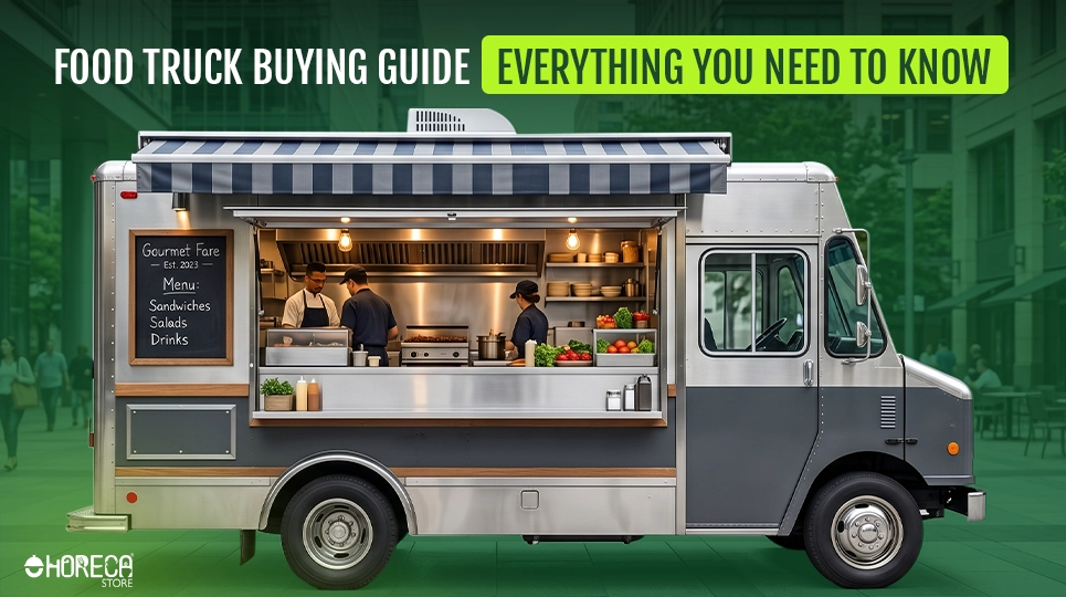 Food truck buying guide showcasing a commercial food truck with professional kitchen equipment, food preparation staff, and essential information for aspiring food truck owners.