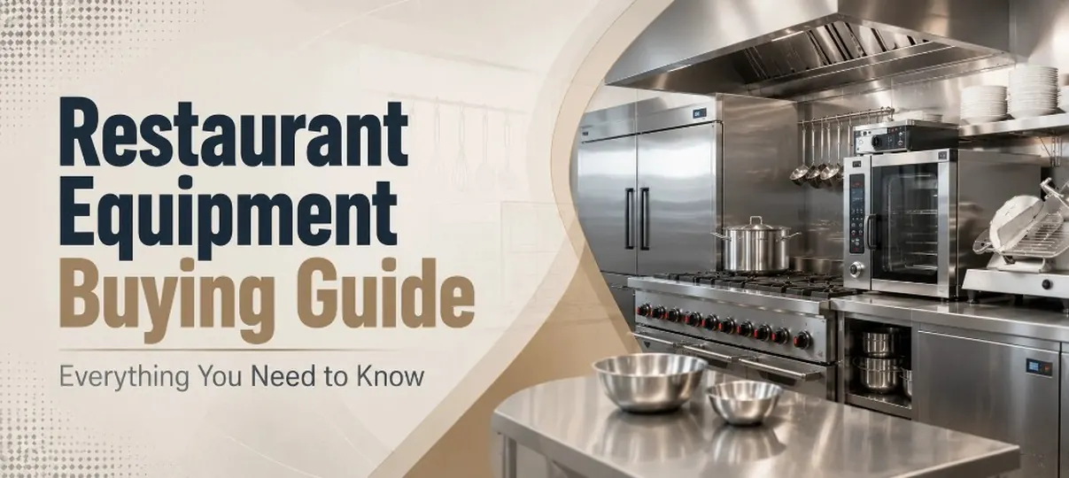 Restaurant Equipment Buying Guide desktop banner showing a modern commercial kitchen with stainless steel gas range, convection oven, prep table with mixing bowls, and a double-door refrigerator